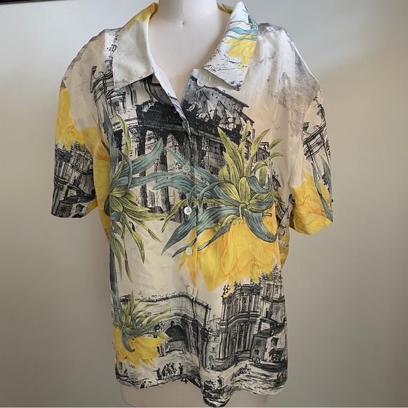 Vintage Silk Yellow Floral Print Button-Up Shirt - Picture 1 of 8